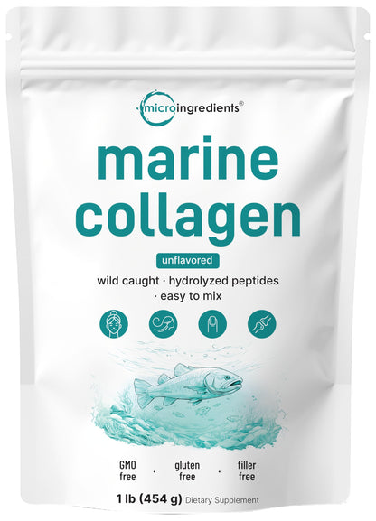 Micro Ingredients Marine Collagen Peptides Powder, 1 lb | Type I Marine Collagen + Natural Protein | Wild-Caught Fish Source Micro Ingredients