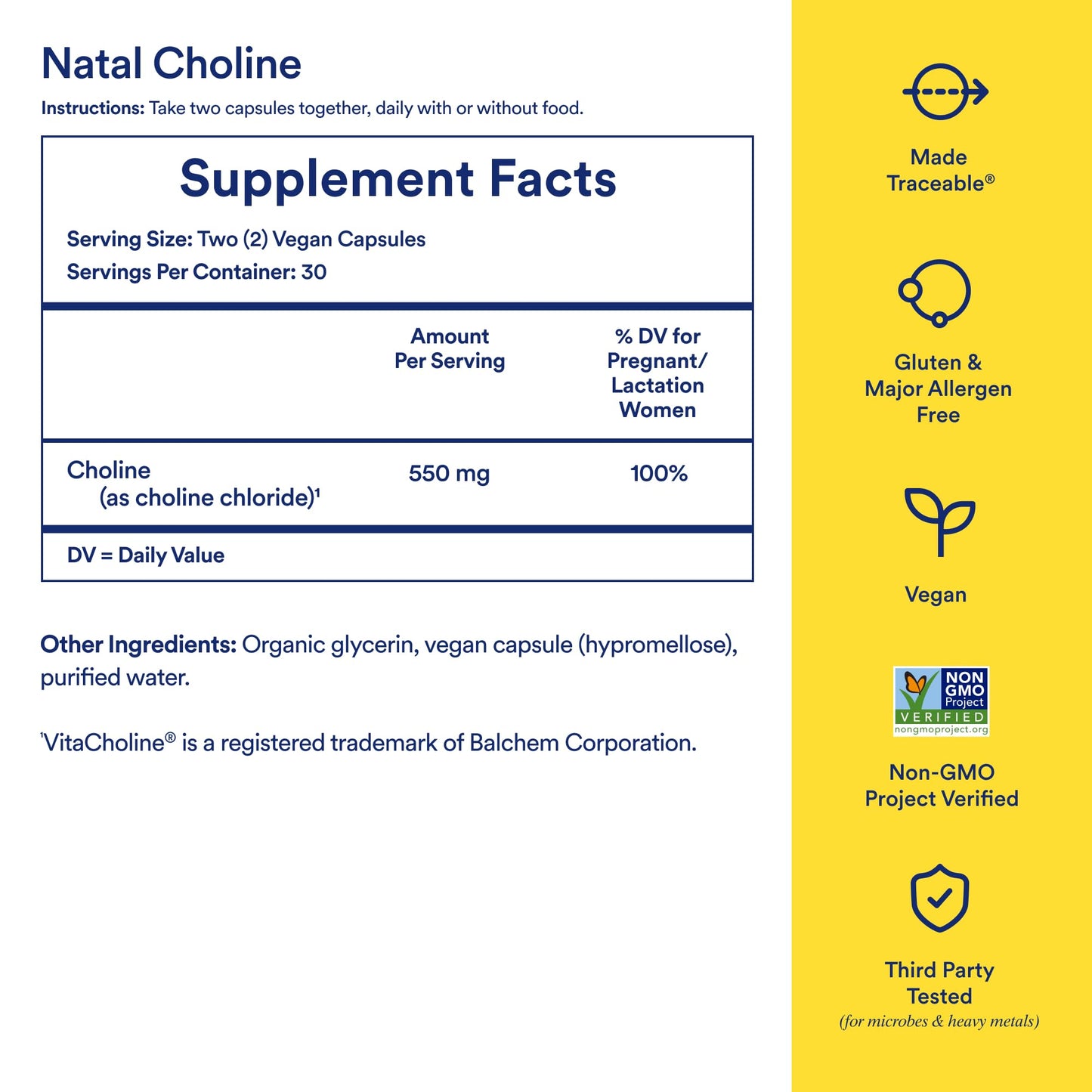 Ritual Natal Choline Supplement - 550mg - to Support Baby’s Cognitive Function When Taken During Pregnancy and Postpartum Choline Content in Breastmilk* - Vegan - Citrus - 60 Capsules - 30 Servings