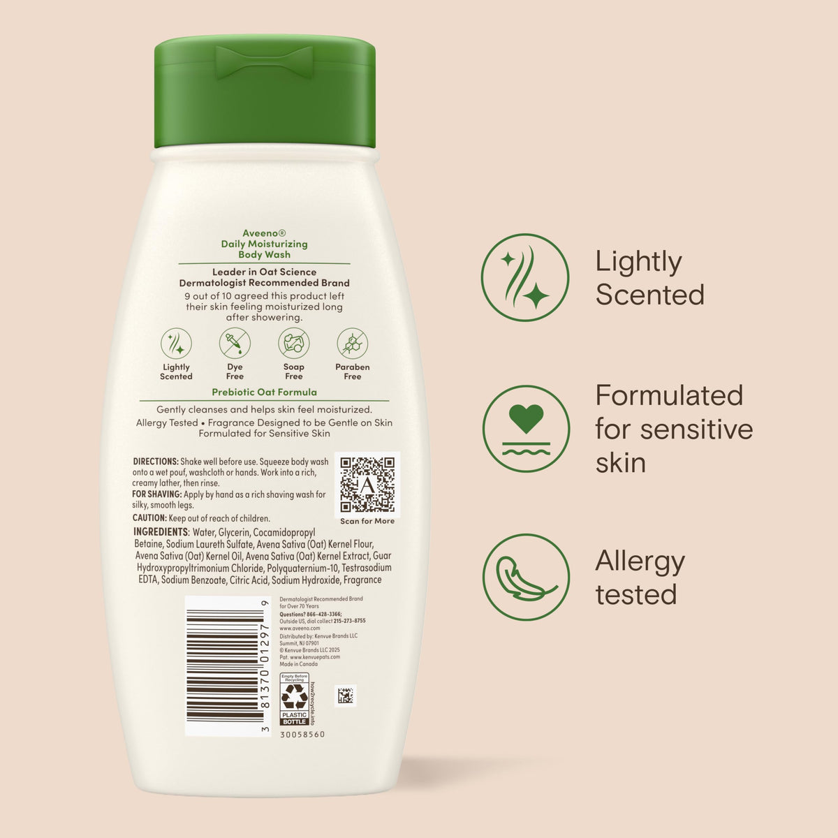 Aveeno Daily Moisturizing Body Wash, Prebiotic Oat, Dry Skin, 18 fl oz x 2 Aveeno