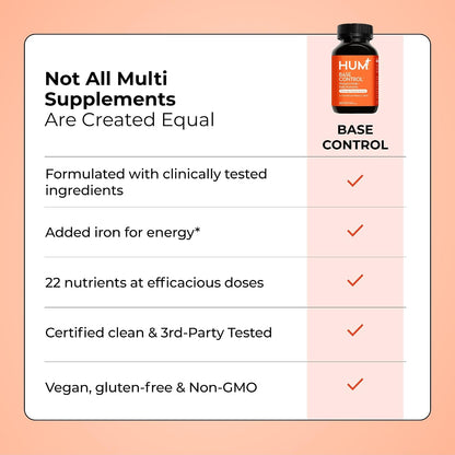 HUM Base Control Multivitamin for Women with Vitamin C, Iron, Biotin, Zinc, B Complex, Daily Women's Multivitamin, 22 Essential Vitamins & Minerals, Support for Pre-Menopause, Gluten Free, 30 Capsules