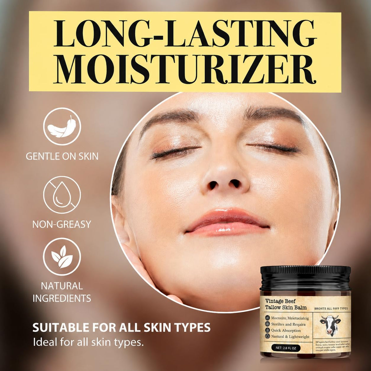 MTGBO Beef Tallow Honey Balm for Sensitive Skin: Organic Grass-Fed Whipped Tallow Moisturizer with Manuka Honey, Olive Oil, Jojoba Oil & Vitamin E, Non-Greasy Face and Body Cream, 2 oz MTGBO