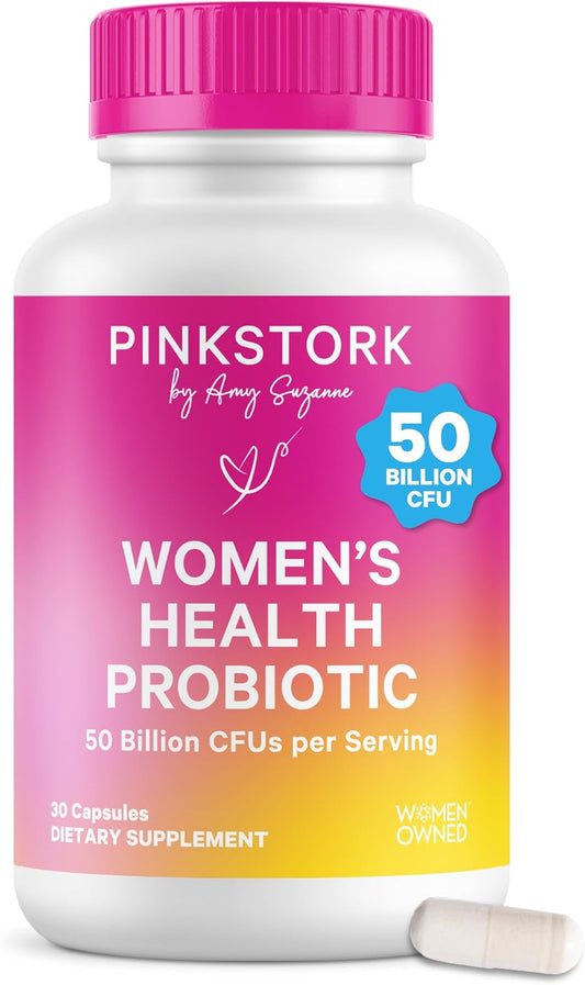 Pink Stork Women's Probiotic, 50 Billion CFU, 30 Count | Clinically Studied Strains, Vaginal, Gut, Urinary + Hormone Support, pH Balance, Yeast & Odor, Probiotic Prebiotic Blend