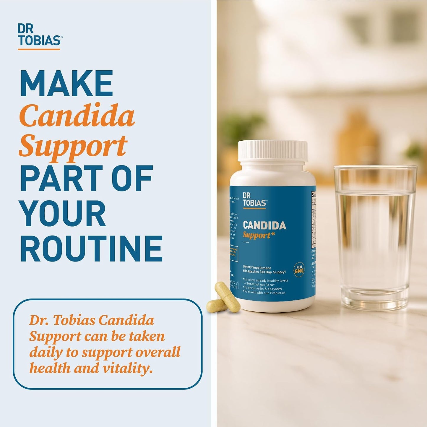 Dr. Tobias Candida Support, Gut Flora Balance Complex with Oregano, Caprylic Acid, Enzymes & Probiotics, Support Intestinal Detox Cleanse & Gut Health for Women & Men, 60 Capsules, 30 Servings