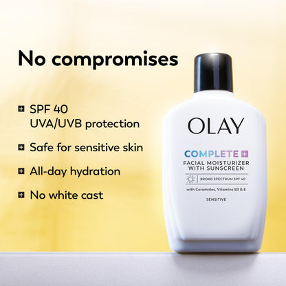 Olay Complete+ Face Moisturizer with Sunscreen SPF 40, For Sensitive Skin, Broad Spectrum Sun Protection, Fragrence-Free Olay