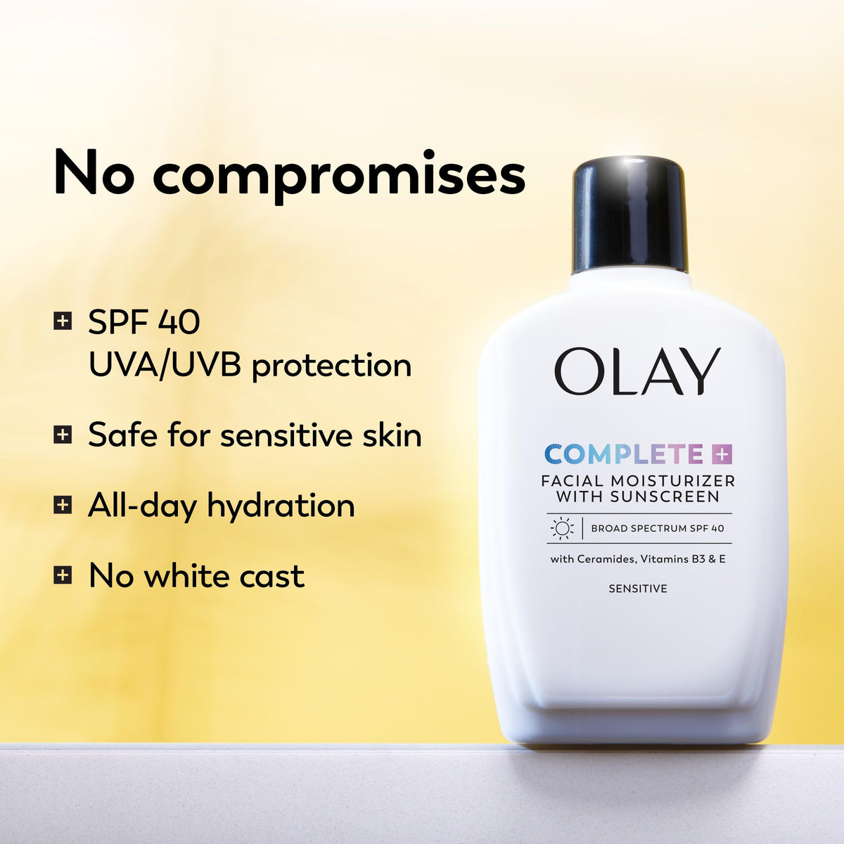 Olay Complete+ Face Moisturizer with Sunscreen SPF 40, For Sensitive Skin, Broad Spectrum Sun Protection, Fragrence-Free - No White Cast on All Tones, Nourishes Moisture Barrier - Ceramides, 6 Oz Olay