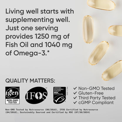 Sports Research® Omega-3 Fish Oil 1250mg from Wild Alaska Pollock, 90 Count | Always Fresh Never Fishy | 690mg EPA 260mg DHA per Softgel · Heart & Brain Health* · MSC Certified Sustainable - 90 Servings Gsupps Australia