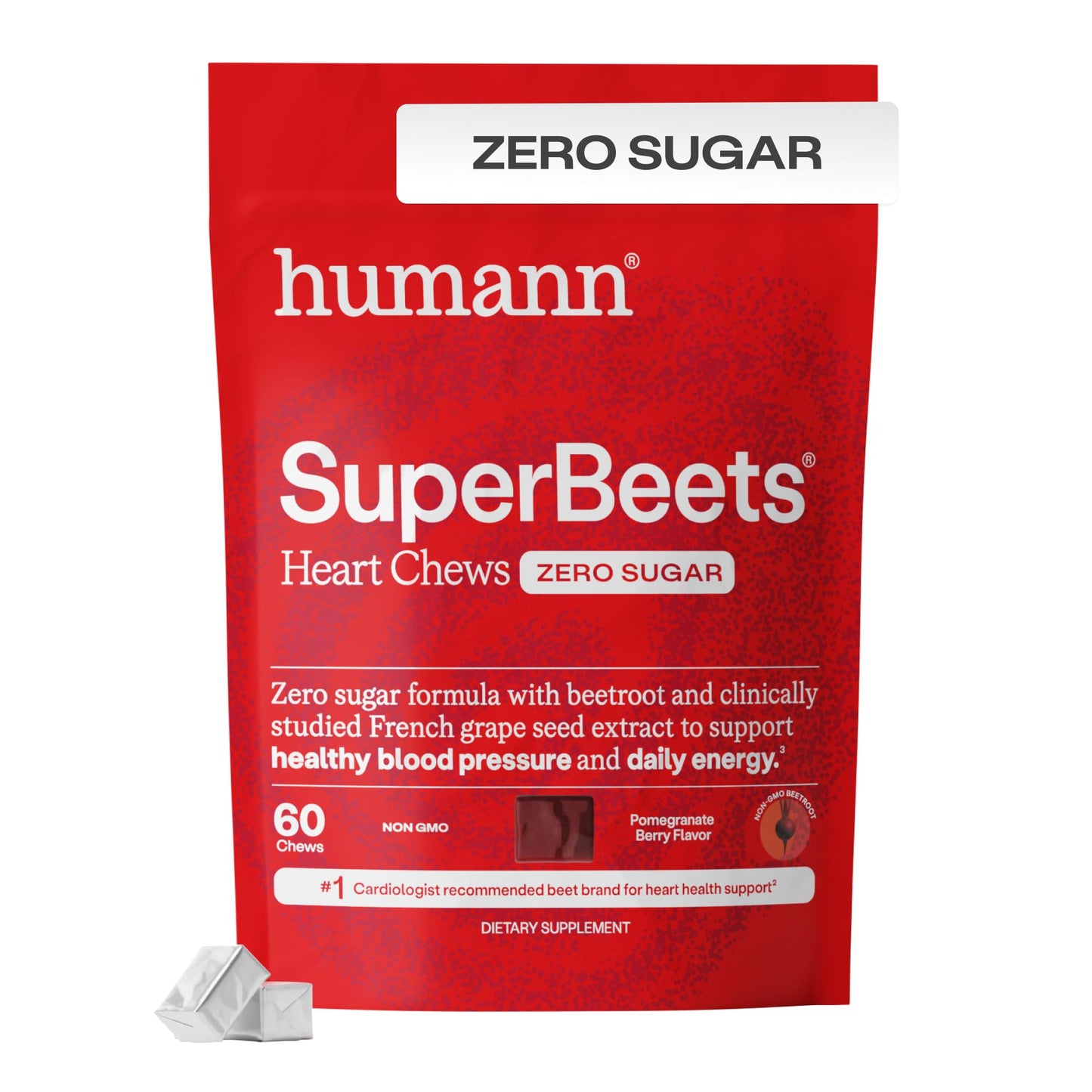 Humann SuperBeets Heart Chews Zero Sugar, Beet Root Supplement, Energy, Nitric Oxide and Blood Pressure Support, Grape Seed Extract & Non-GMO Humann