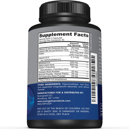 Premium Nerve Support Supplement – with Alpha Lipoic Acid (ALA) 600 mg, Acetyl-L-Carnitine (ALC) & Benfotiamine - Nerve Support Formula for Healthy Circulation, Feet, Hands & Toes - 60 Capsules Sunergetic