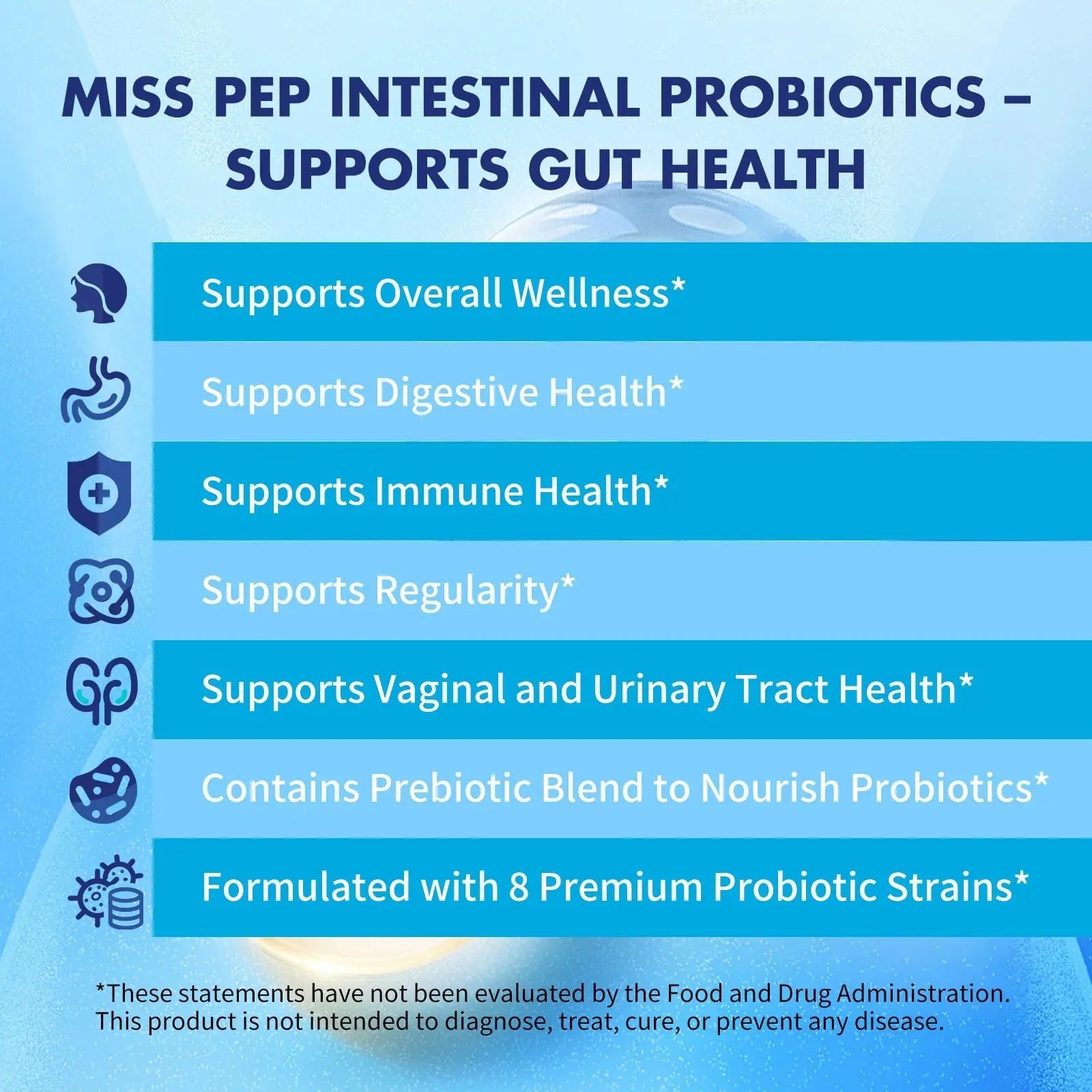 MISS PEP Probiotics 50 Billion CFU - 8 Unique Strains + 3 Prebiotics - Immune, Digestive & Gut Health - Supports Occasional Constipation, Diarrhea, Gas & Bloating - Probiotics for Women & Men - 30ct MISS PEP buy australia supplements