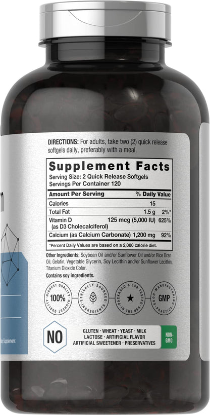Horbäach Calcium 1200 mg with Vitamin D3 | 240 Softgels | 5000 IU Vitamin D3 | Absorbable Calcium Supplement for Women and Men Horbäach