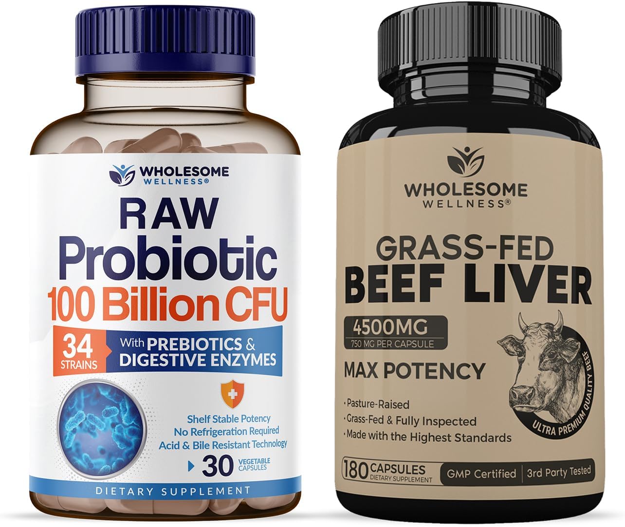 Wholesome Wellness Organic Probiotics 100 Billion CFU + Grass Fed Desiccated Beef Liver Capsules Bundle Gsupps Australia
