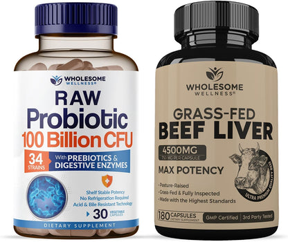 Wholesome Wellness Organic Probiotics 100 Billion CFU + Grass Fed Desiccated Beef Liver Capsules Bundle Gsupps Australia