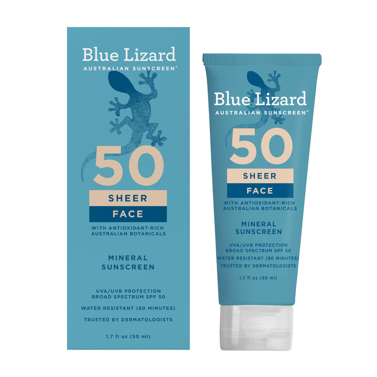 Blue Lizard Sheer Face Mineral SPF 50 Sunscreen Lotion, 100% Mineral Formula, Blue Light Protection, Lightweight, Rubs In Smooth, Nourishes and Hydrates, Paraben-Free, Fragrance-Free, 1.7 fl oz BLUE LIZARD