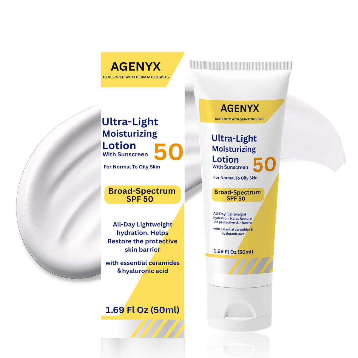 Agenyx Daily Facial Moisturizing Lotion with SPF 50, Hyaluronic Acid, Niacinamide & Ceramides, Oil-Free Face Moisturizer for Normal to Oily Skin, Lightweight Non-Greasy Hydration, 1.7 fl oz Agenyx