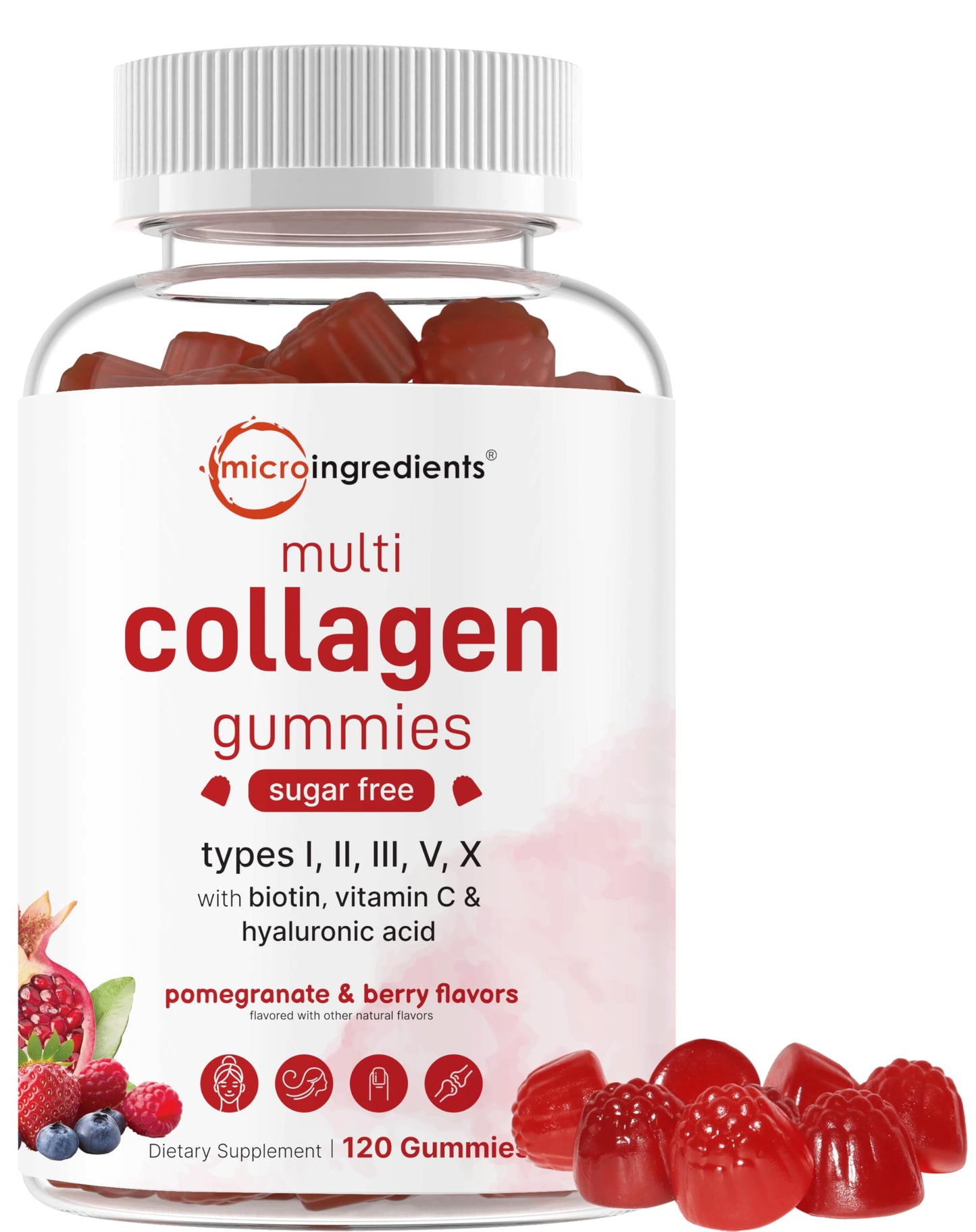 Micro Ingredients Multi Collagen Peptides, 120 Collagen Gummies | Type I,II,III,V,X Protein with Biotin, Hyaluronic Acid, & Vitamin C Complex | Pomegranate & Berry Flavored Micro Ingredients
