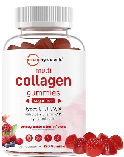 Micro Ingredients Multi Collagen Peptides, 120 Collagen Gummies | Type I,II,III,V,X Protein with Biotin, Hyaluronic Acid, & Vitamin C Complex | Pomegranate & Berry Flavored Micro Ingredients