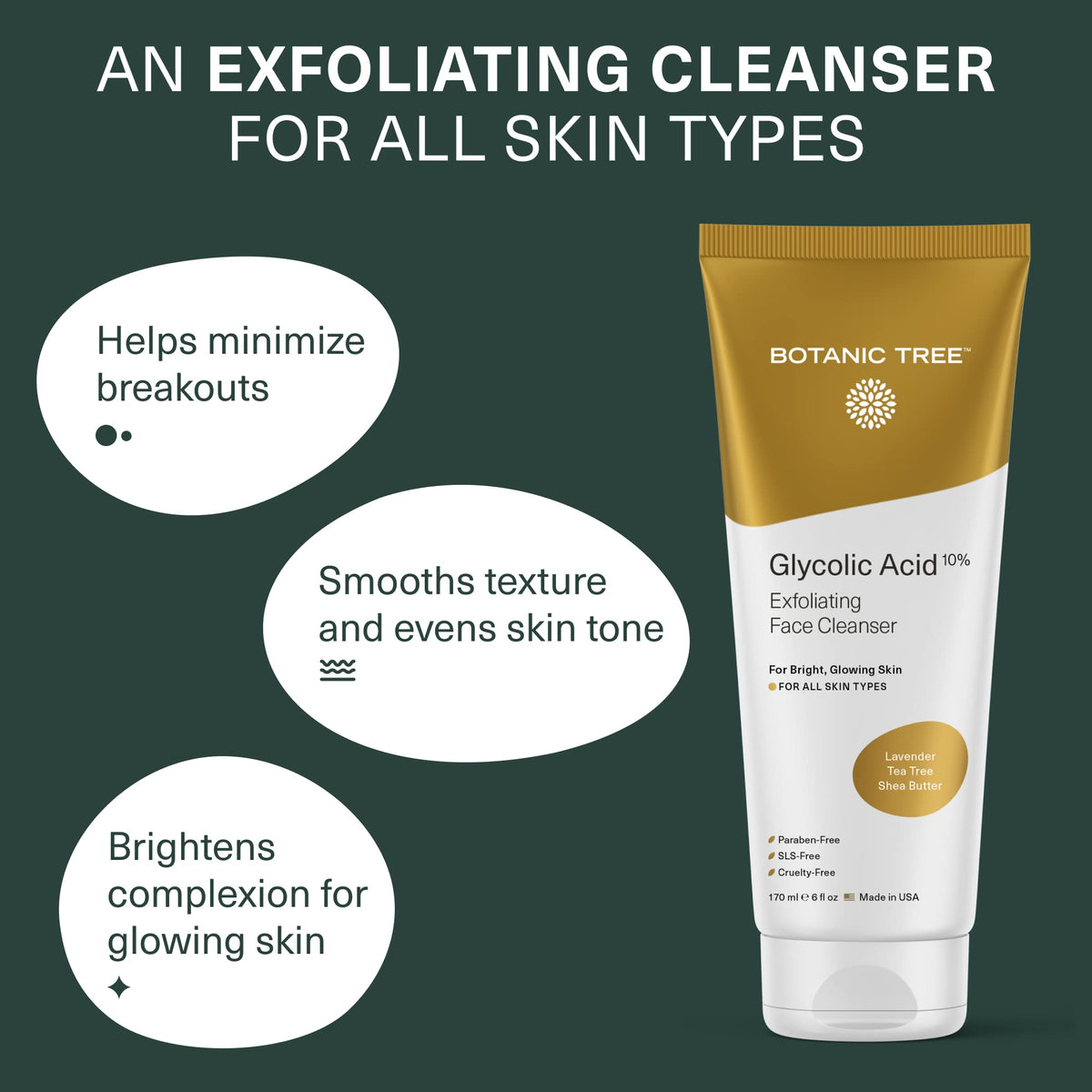 Botanic Tree Glycolic Acid Face Wash - Facial Cleanser and Scrub - 10% Glycolic Acid, AHA - Salicylic Cleanser - 6 fl. oz Botanic Tree