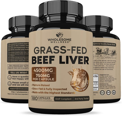 Wholesome Wellness Grass Fed Desiccated Beef Liver Capsules (180 Pills, 750mg Each) - Natural Iron, Vitamin A, B12 for Energy - Raised Undefatted in New Zealand Without Hormones or Chemicals Gsupps Australia