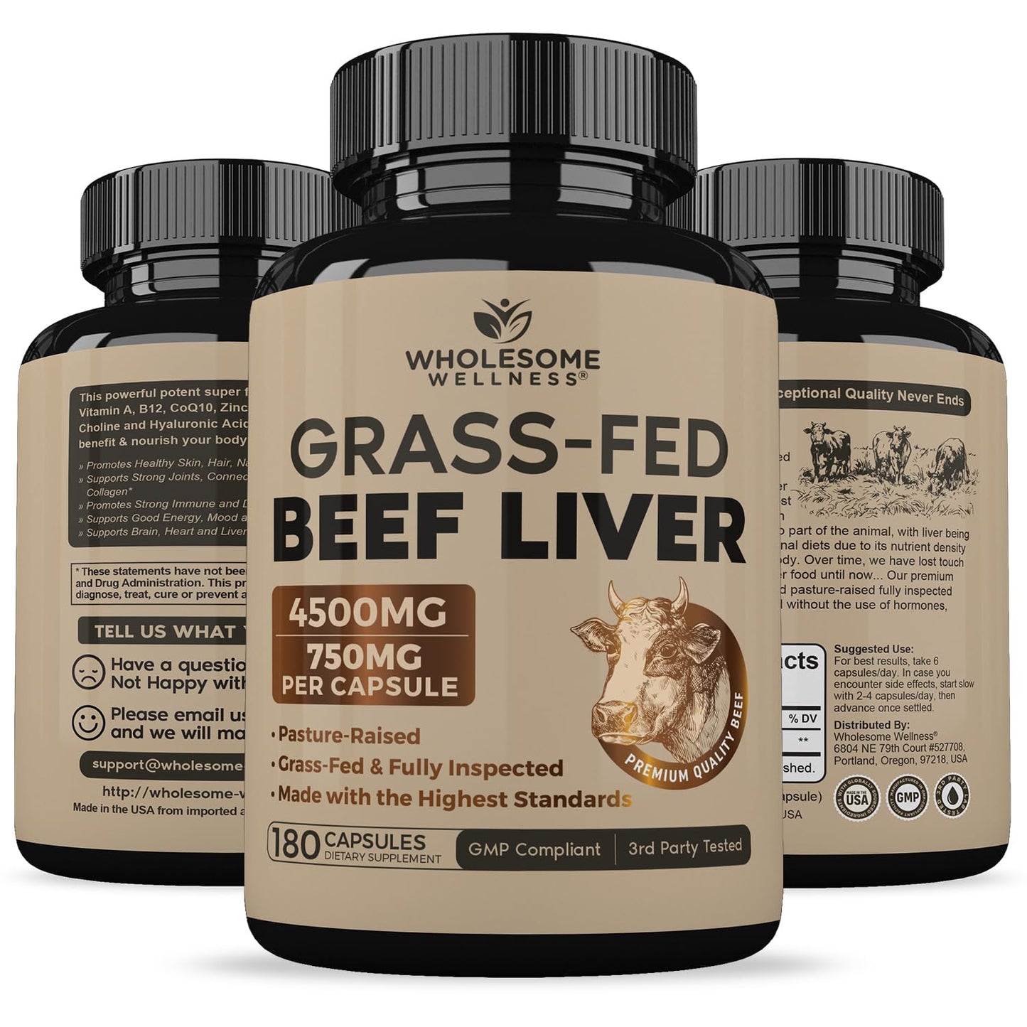 Wholesome Wellness Grass Fed Desiccated Beef Liver Capsules (180 Pills, 750mg Each) - Natural Iron, Vitamin A, B12 for Energy - Raised Undefatted in New Zealand Wholesome Wellness