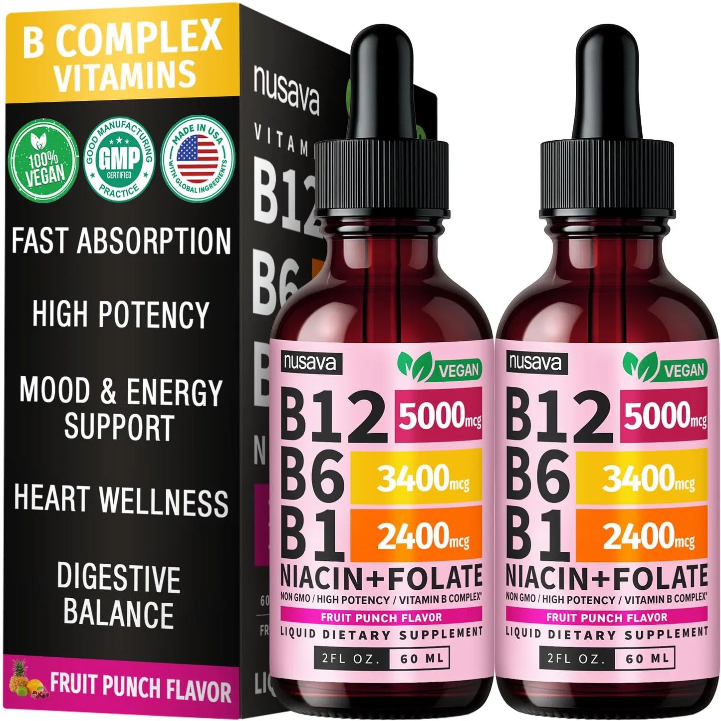 (2 Pack) Vitamin B12 and B6 Liquid Drops, B12 Sublingual Vitamin B Complex - B 12 Vitamin 5000mcg - B12 Methylcobalamin for Energy, Brain, and Heart Support NUSAVA