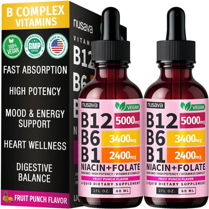 (2 Pack) Vitamin B12 and B6 Liquid Drops, B12 Sublingual Vitamin B Complex - B 12 Vitamin 5000mcg - B12 Methylcobalamin for Energy, Brain, and Heart Support NUSAVA