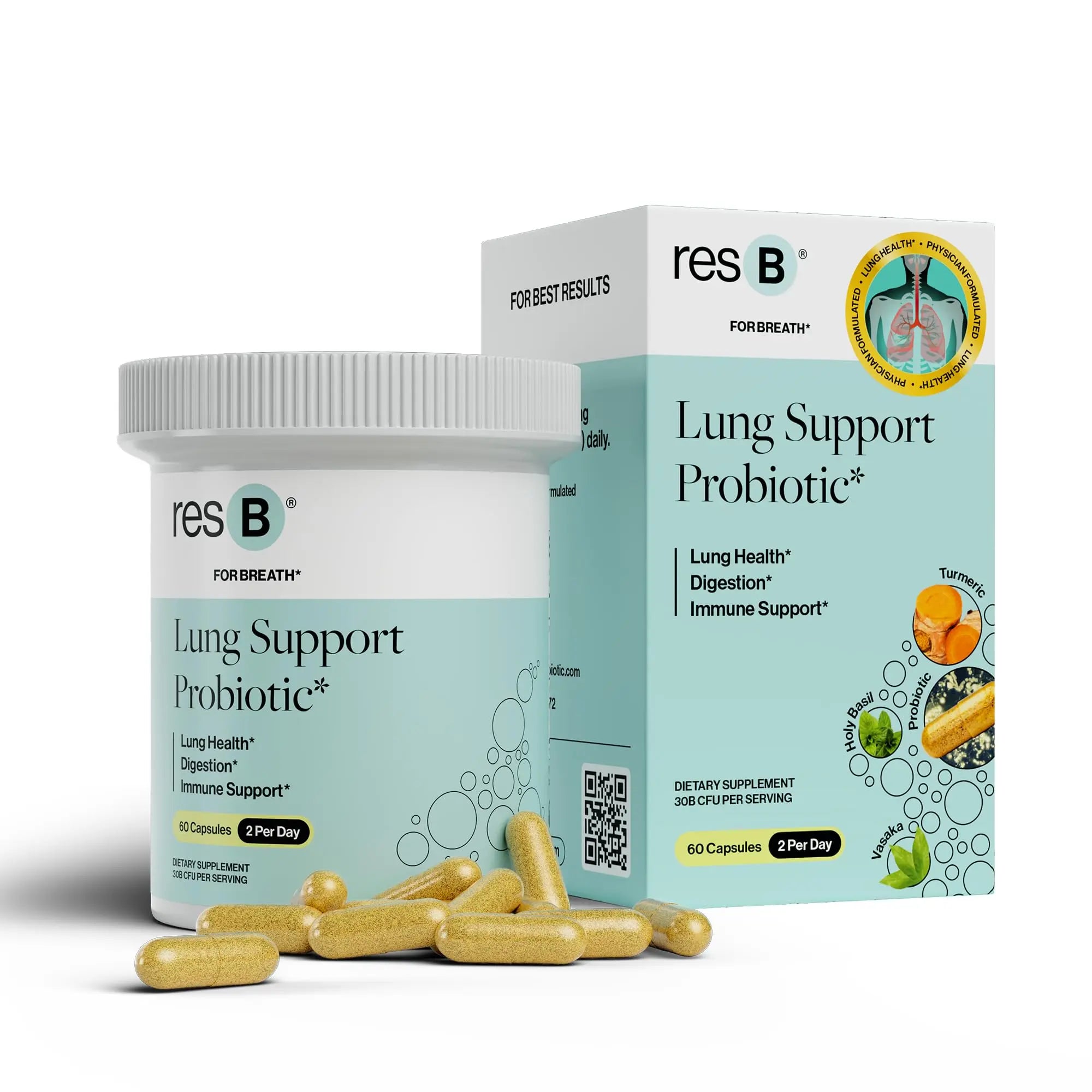 resB Lung Support Probiotic Supplement - Lung Health Supplement for Smokers, Gut Health, Immune & Digestive Support, Respiratory Care, Holy Basil & Turmeric, Clinically Trialed - 60 Capsules ResBiotic buy australia supplements