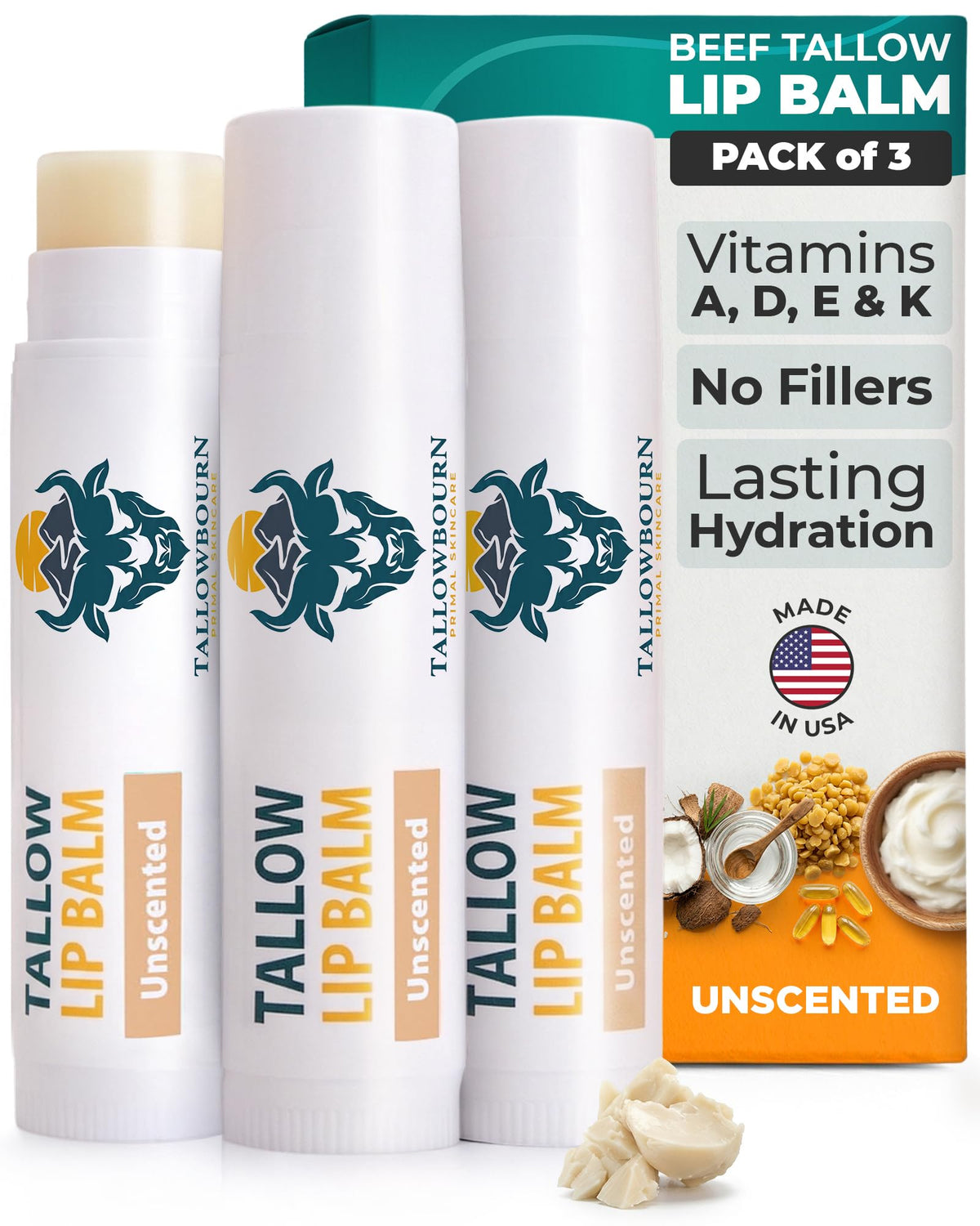 Lip Balm - Grass-Fed Beef Tallow Lip Balm 3pk – Unscented Tallowbourn