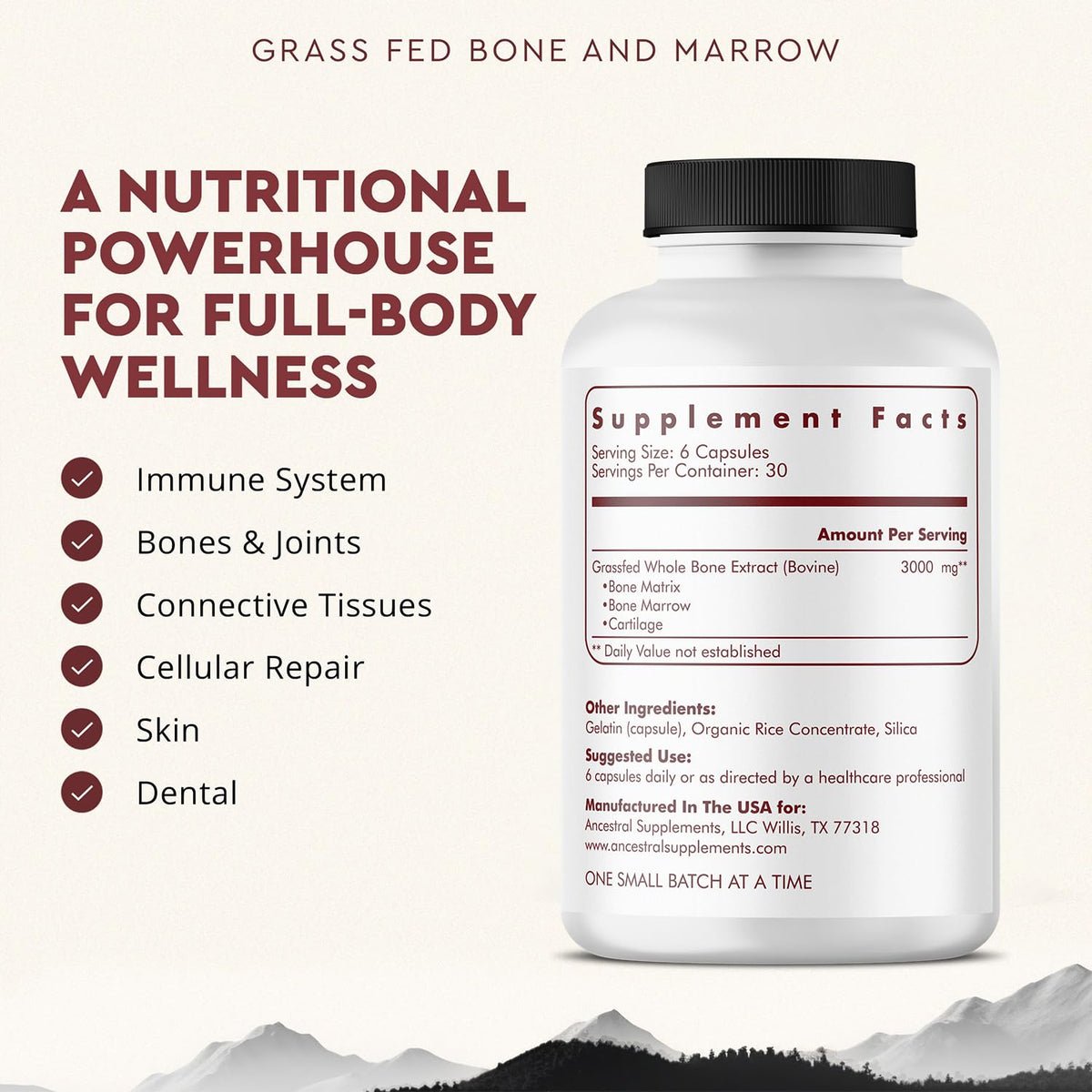 Ancestral Supplements Grass Fed Beef Bone and Marrow Supplement, 180 Ct Ancestral Supplements