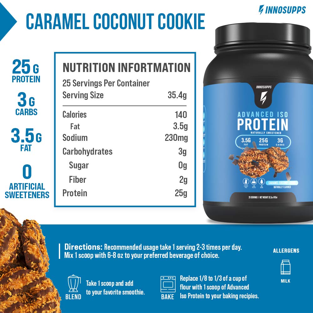 InnoSupps Advanced Iso Protein | 100% Whey Isolate Protein Powder | No Artificial Sweeteners| Low Fat, Low Carbs | 25g of Protein | Hormone Free, Gluten Free, Soy Free |(Caramel Coconut Cookie)