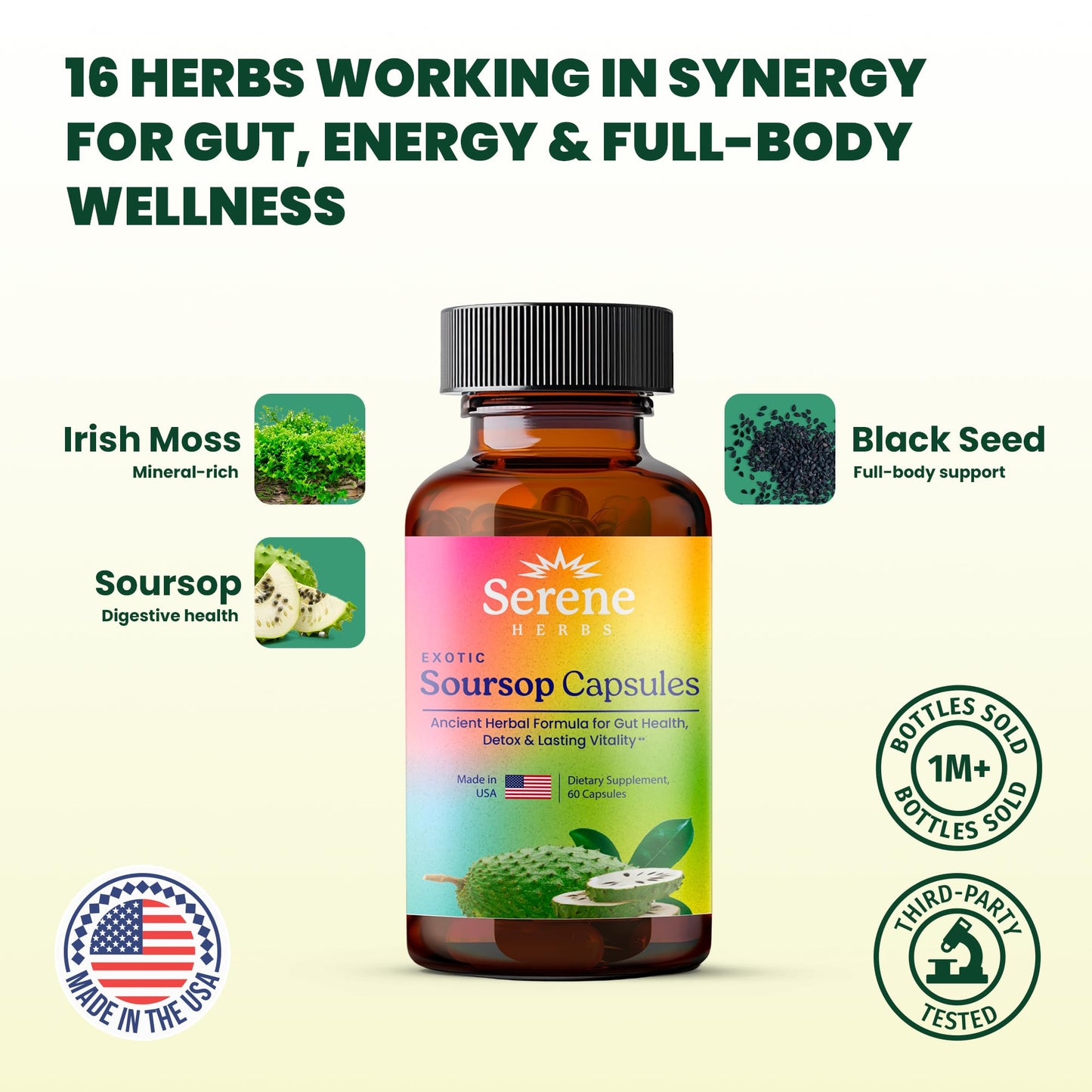 Serene Herbs Graviola Soursop Capsules Organic - Guanabana Extract Pills with Black Seed, Irish Moss & Moringa - 16 Herb Daily Supplements & Digestive Support - Vegan, Non-GMO (Pack of 1)