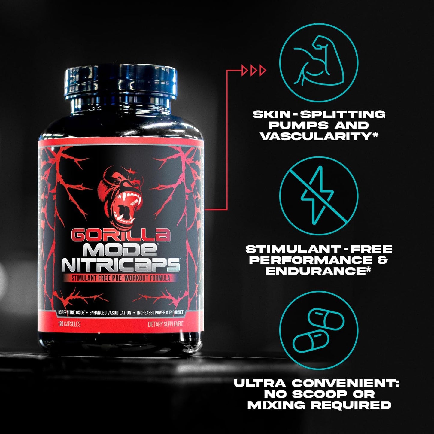 Gorilla Mode® Nitricaps™ - Stimulant Free Pre-Workout Capsules - Massive Pumps · Vasodilation · Performance - Nitrosigine®, Agmatine Sulfate, VasoDrive-AP®, Electrolytes / 120 Capsules