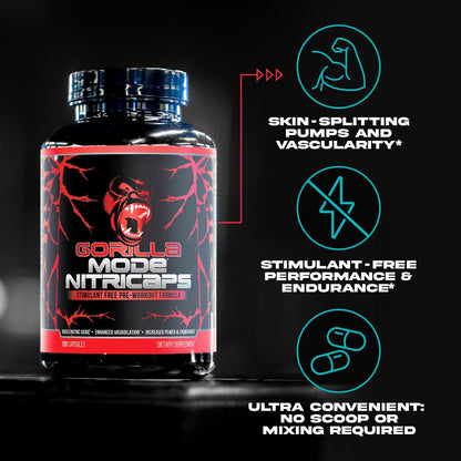 Gorilla Mode® Nitricaps™ - Stimulant Free Pre-Workout Capsules - Massive Pumps · Vasodilation · Performance - Nitrosigine®, Agmatine Sulfate, VasoDrive-AP®, Electrolytes / 120 Capsules