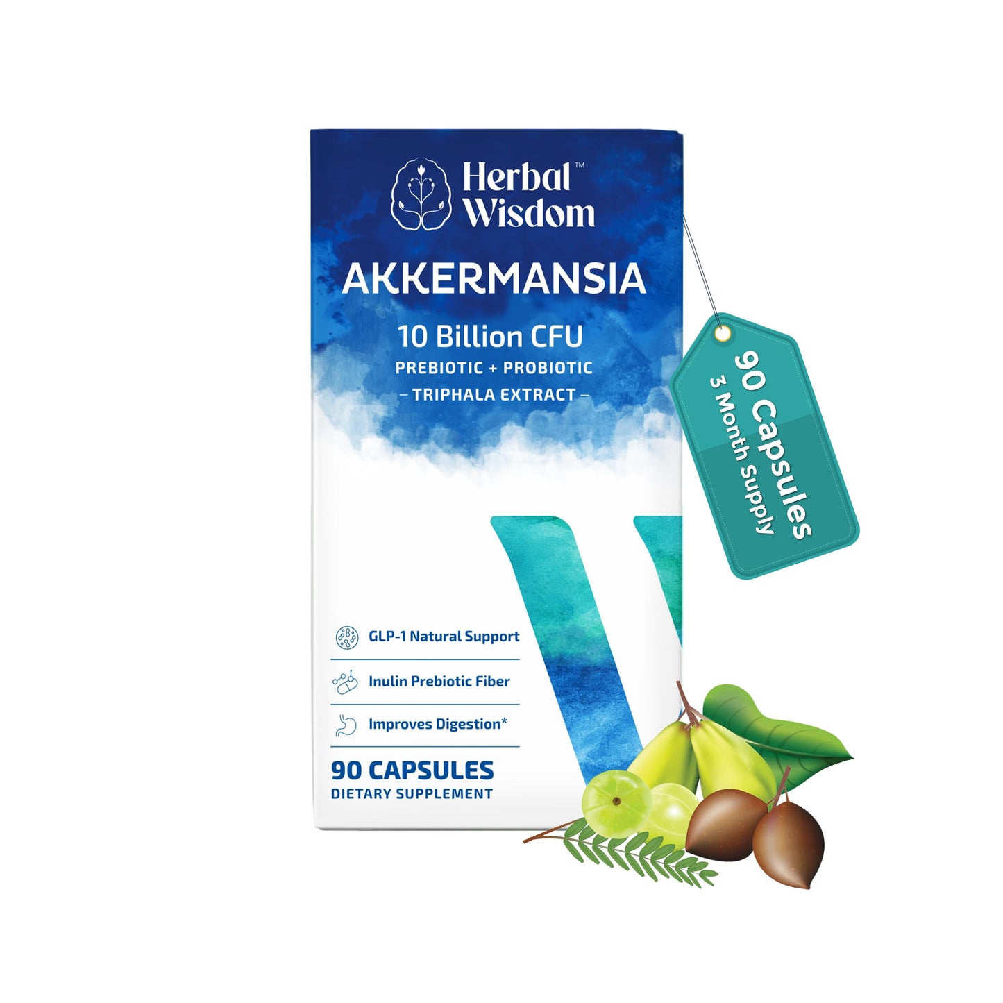 Herbal Wisdom Akkermansia Probiotic 10 Billion CFU - Advanced Support, Probiotic+Prebiotic | for Gut & Metabolism Support - No Bloating | with Inulin & Triphala Herbal Wisdom
