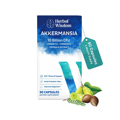 Herbal Wisdom Akkermansia Probiotic 10 Billion CFU - Advanced Support, Probiotic+Prebiotic | for Gut & Metabolism Support - No Bloating | with Inulin & Triphala Herbal Wisdom