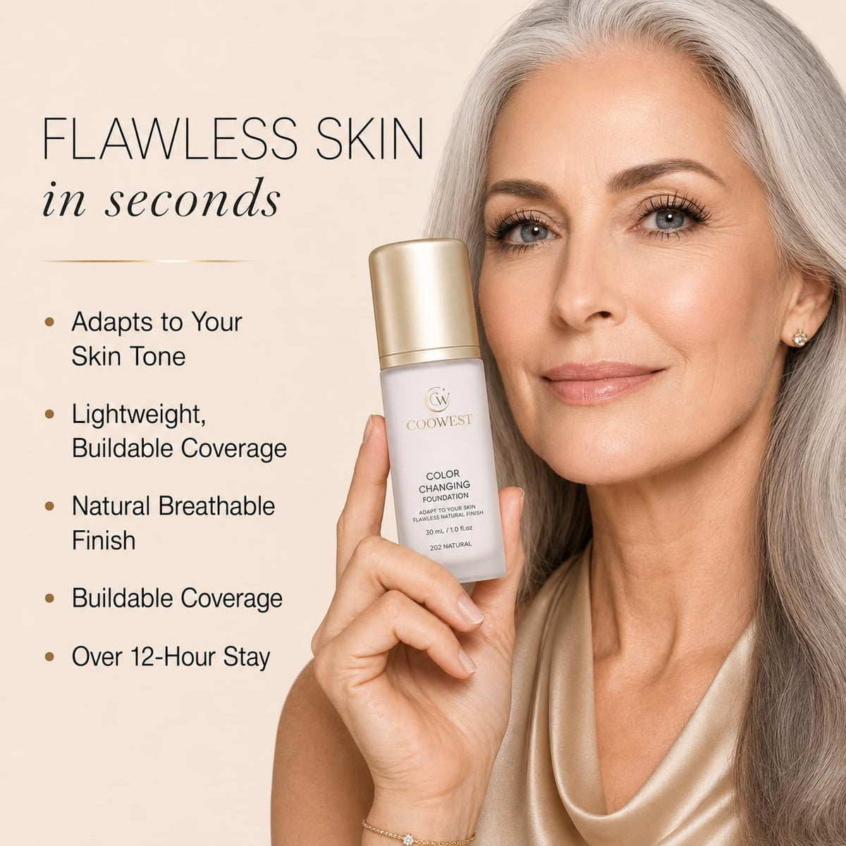 COOWEST Color Changing Foundation for Mature Skin, 4-in-1 Light to Medium Shade-Adapting Skin Tint, Lightweight Hydrating Coverage Liquid Foundation Makeup, Smooth & Blur Finish, 30ml (Medium) Coowest