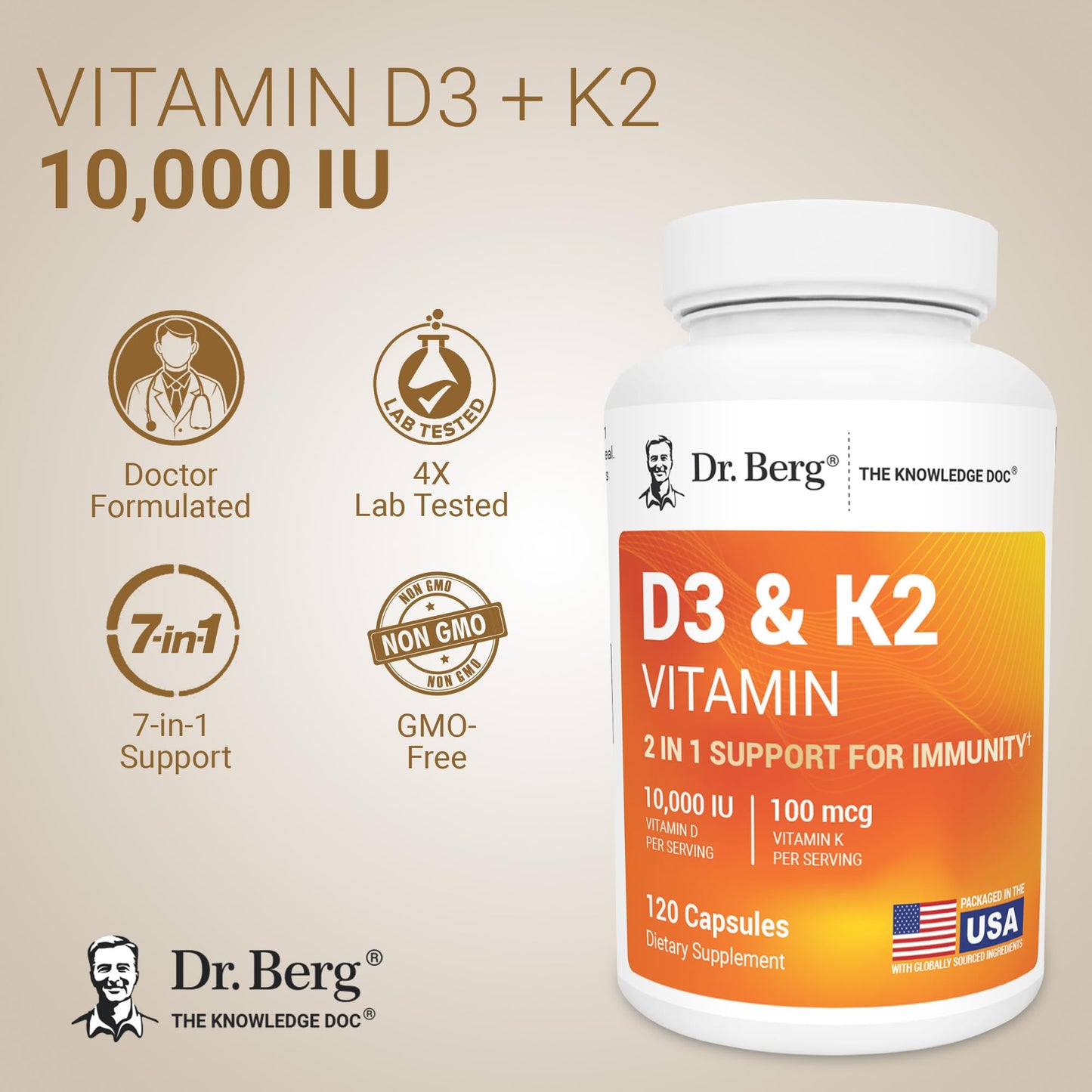 Dr. Berg Maximum Strength 2-in-1 Vitamin D3 K2 10,000 IU | Naturally Derived D3 | 4X Lab-Tested & Verified | High Absorption Formula Dr. Berg Nutritionals