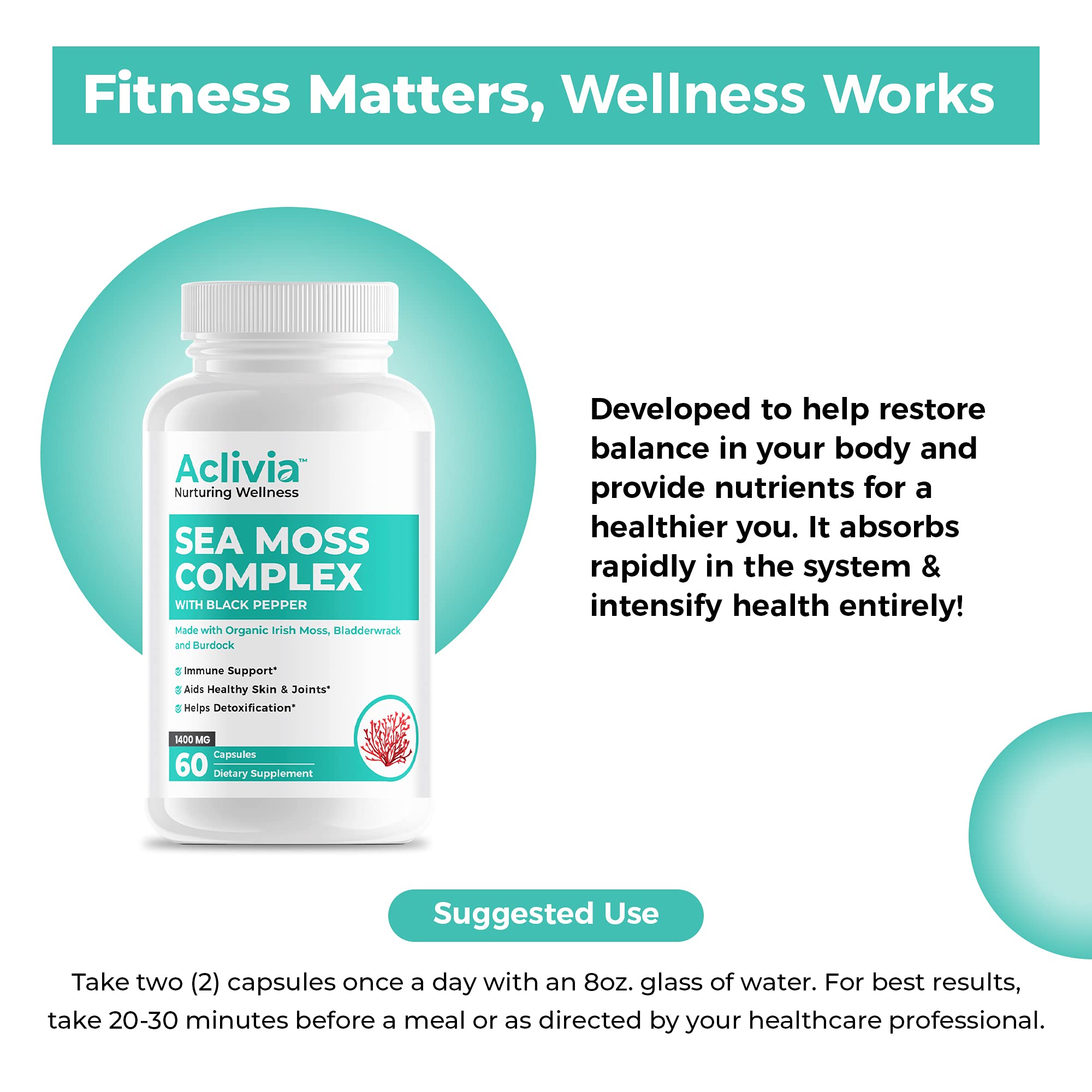 Aclivia - Organic Irish Sea Moss Capsules with Bladderwrack & Burdock Root - 102 Minerals Sea Moss Supplement - Thyroid Support, Immune Boost - Non-GMO (60 Count) Aclivia buy australia supplements