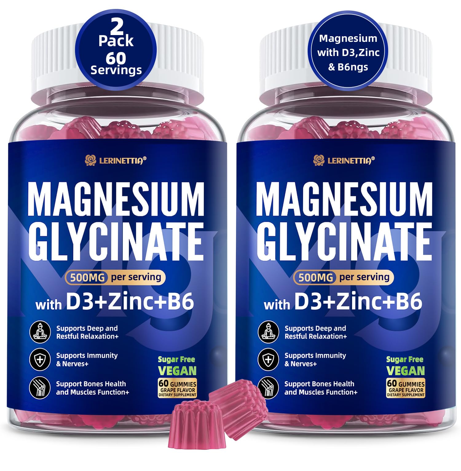 Magnesium Glycinate 500mg/250mg for Adults Teens - Plus D3,B6 & Zinc - Magnesium Glycinate Gummies,High Absorption - Support for Relaxation,Brain,Bone & Immunity Health - Sugar Free - 120Cts Lerinettia buy australia supplements