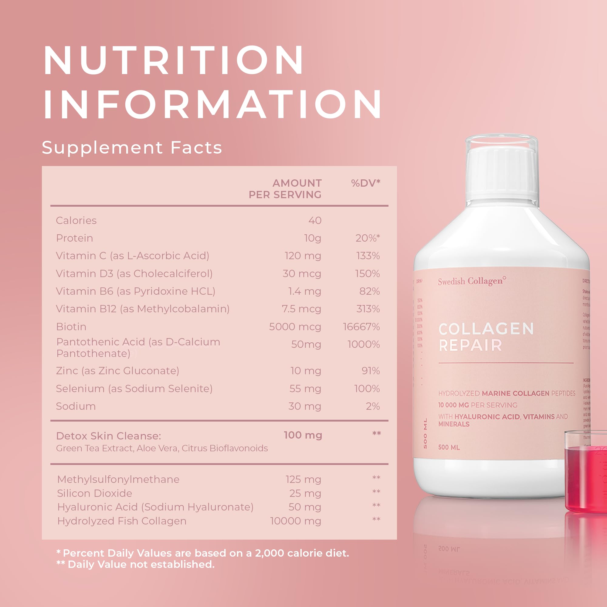 Swedish Collagen Repair | 10,000 mg Hydrolyzed Marine Collagen Liquid Supplement - 500 ml, 20 Day Supply I Hyaluronic Acid, Biotin & Vitamin C for Healthy Hair, Skin, Nails & Joints | Sugar-Free Swedish Collagen buy australia supplements
