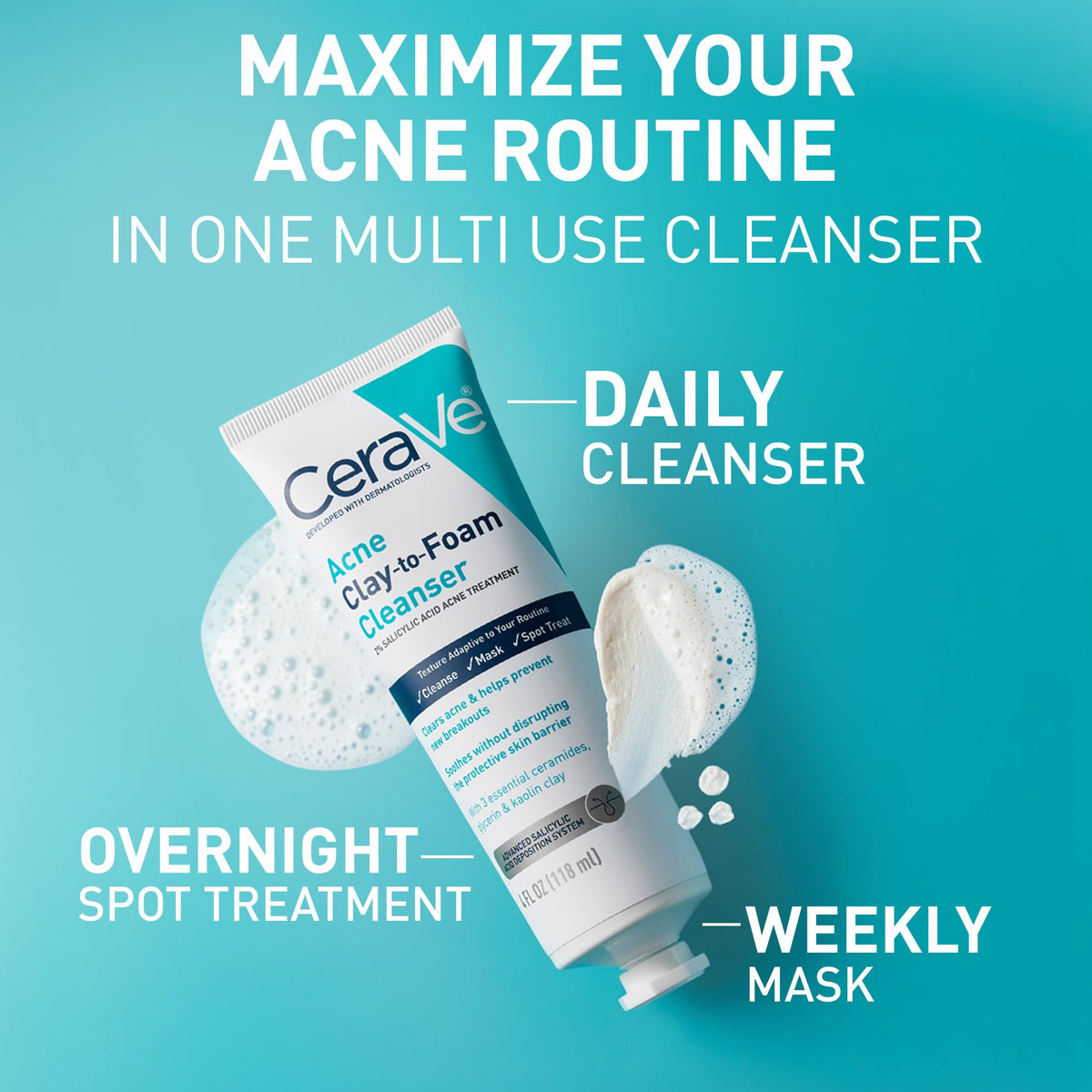 CeraVe Clay to Foam Acne Face Wash, Salicylic Acid Spot Treatment, 4 Oz CeraVe