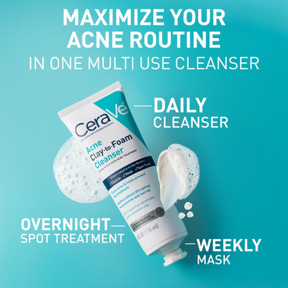 CeraVe Clay to Foam Acne Face Wash, Salicylic Acid Spot Treatment, 4 Oz CeraVe