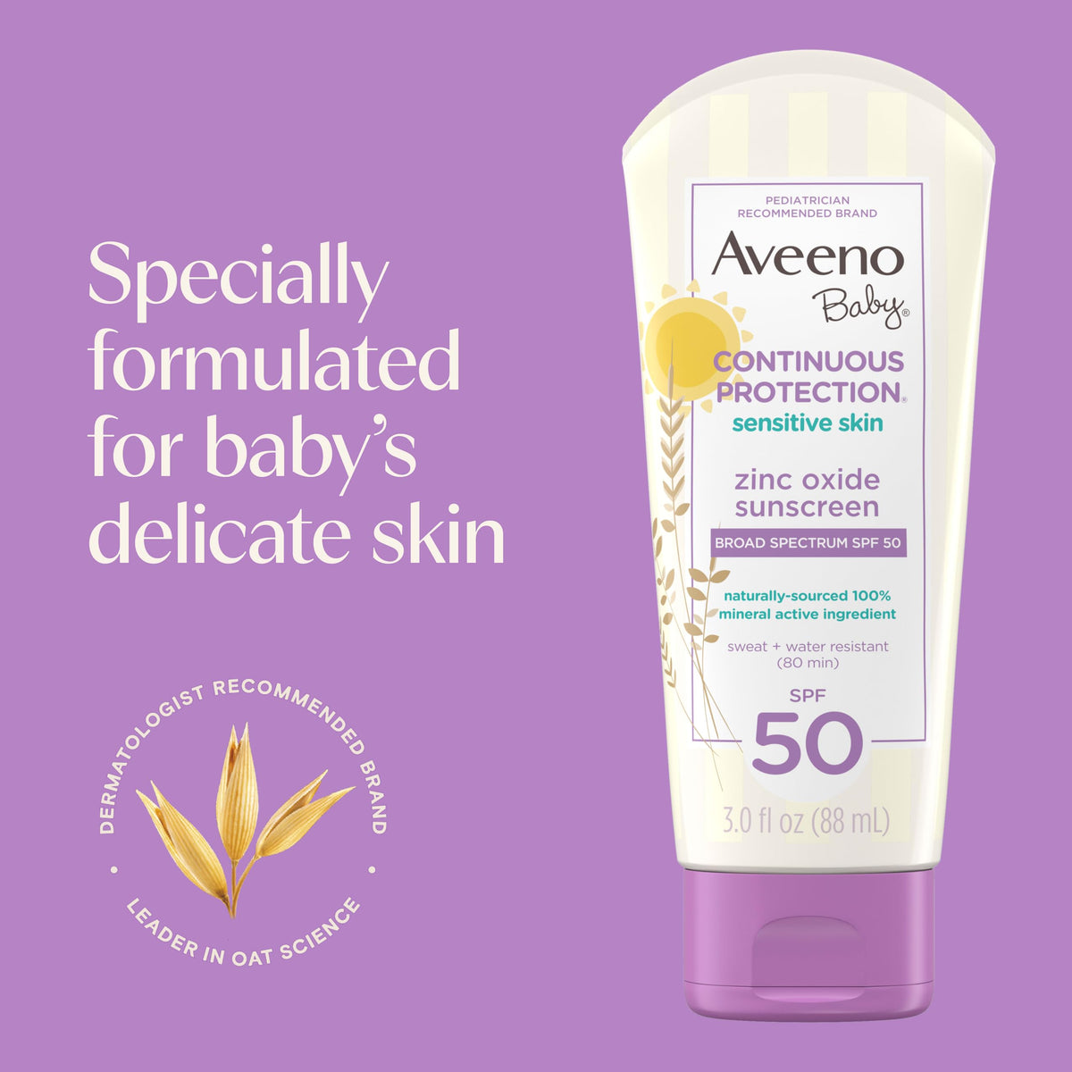 Aveeno Baby Continuous Protection Zinc Oxide SPF 50 Sunscreen for Babies with Sensitive Skin, Broad Spectrum Sun Protection, Tear-Free, Sweat- & Water-Resistant, No added Parabens, 3 Fl Oz Aveeno Baby