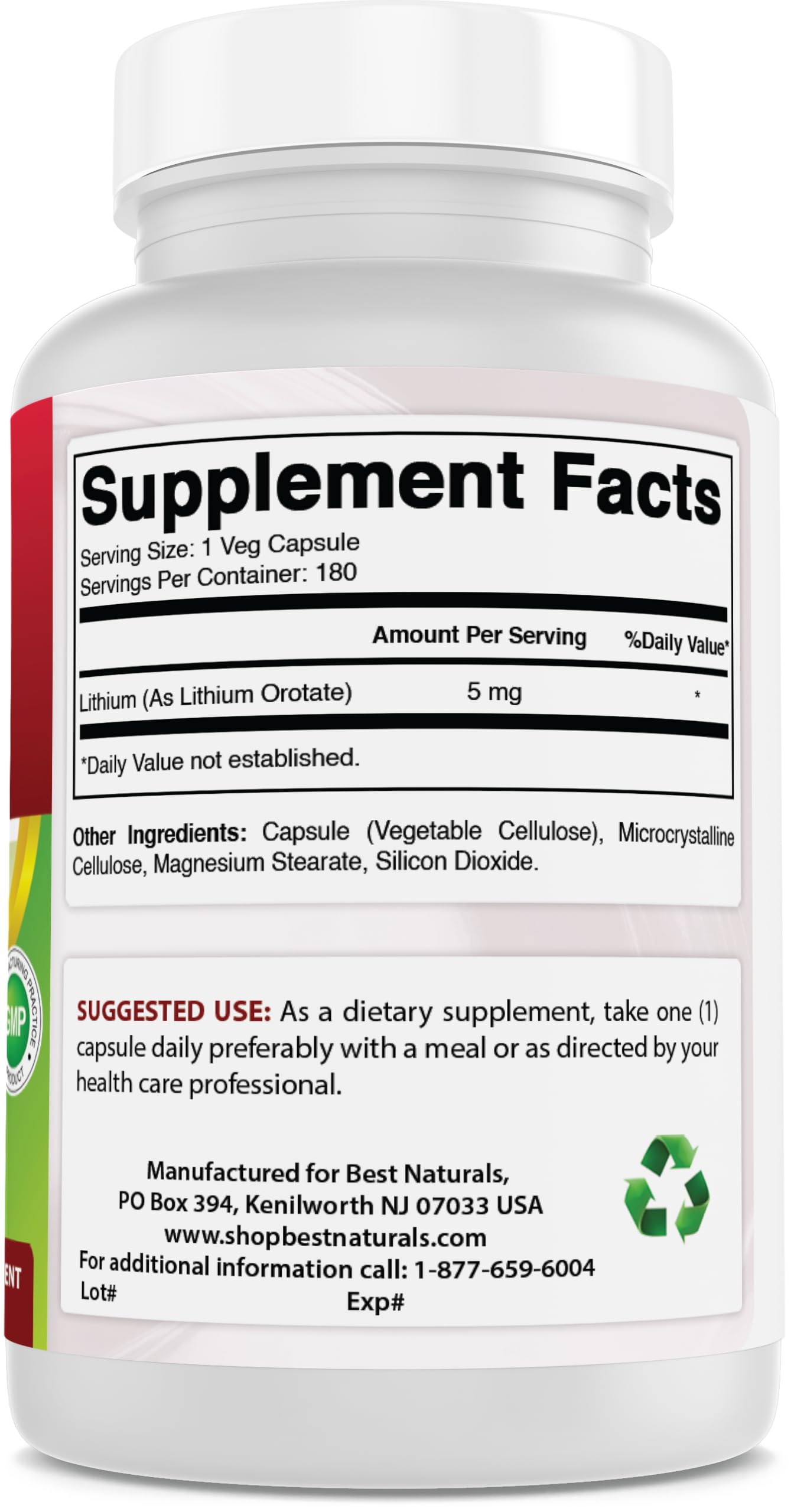 Best Naturals Lithium Orotate 5 mg 180 Capsules - Non GMO - Gluten Free Best Naturals