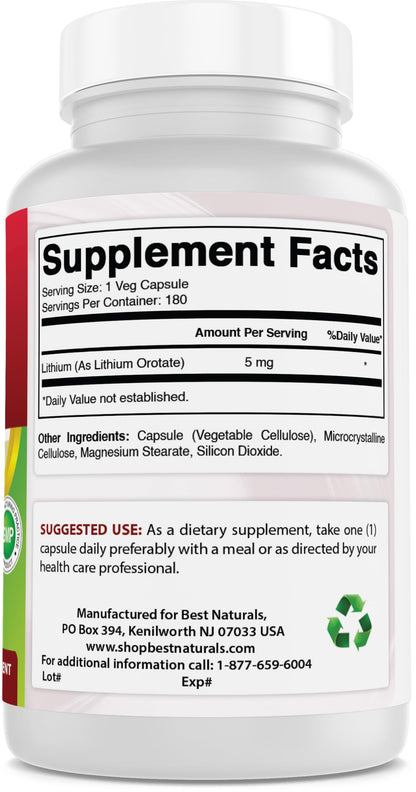 Best Naturals Lithium Orotate 5 mg 180 Capsules - Non GMO - Gluten Free Best Naturals