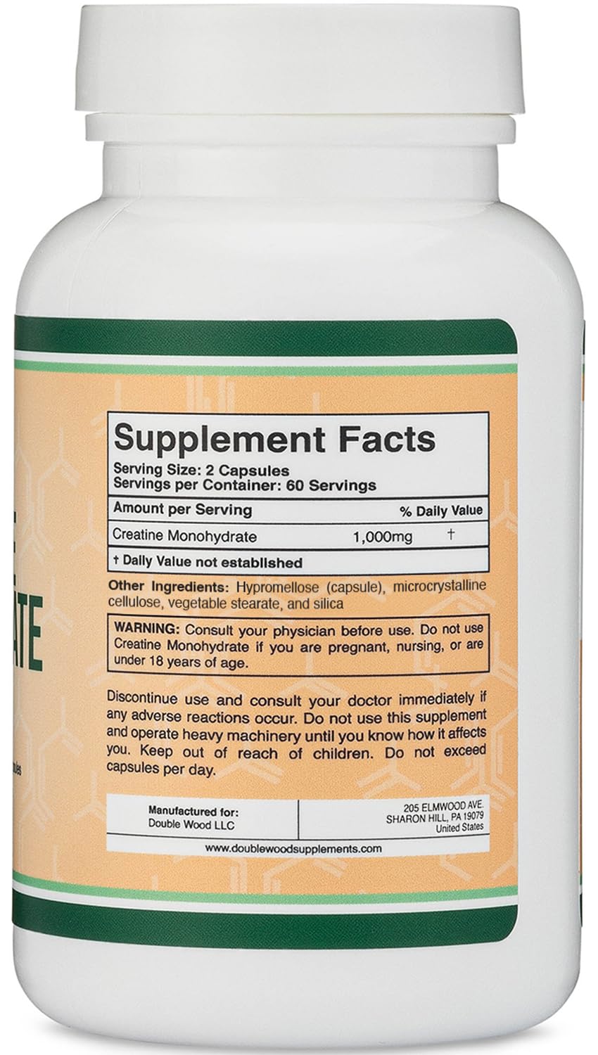 Creatine Monohydrate Capsules - 1g per Serving, 120 Count - No Fillers, Vegan Safe, Non-GMO, Gluten Free by Double Wood Double Wood Supplements buy australia supplements