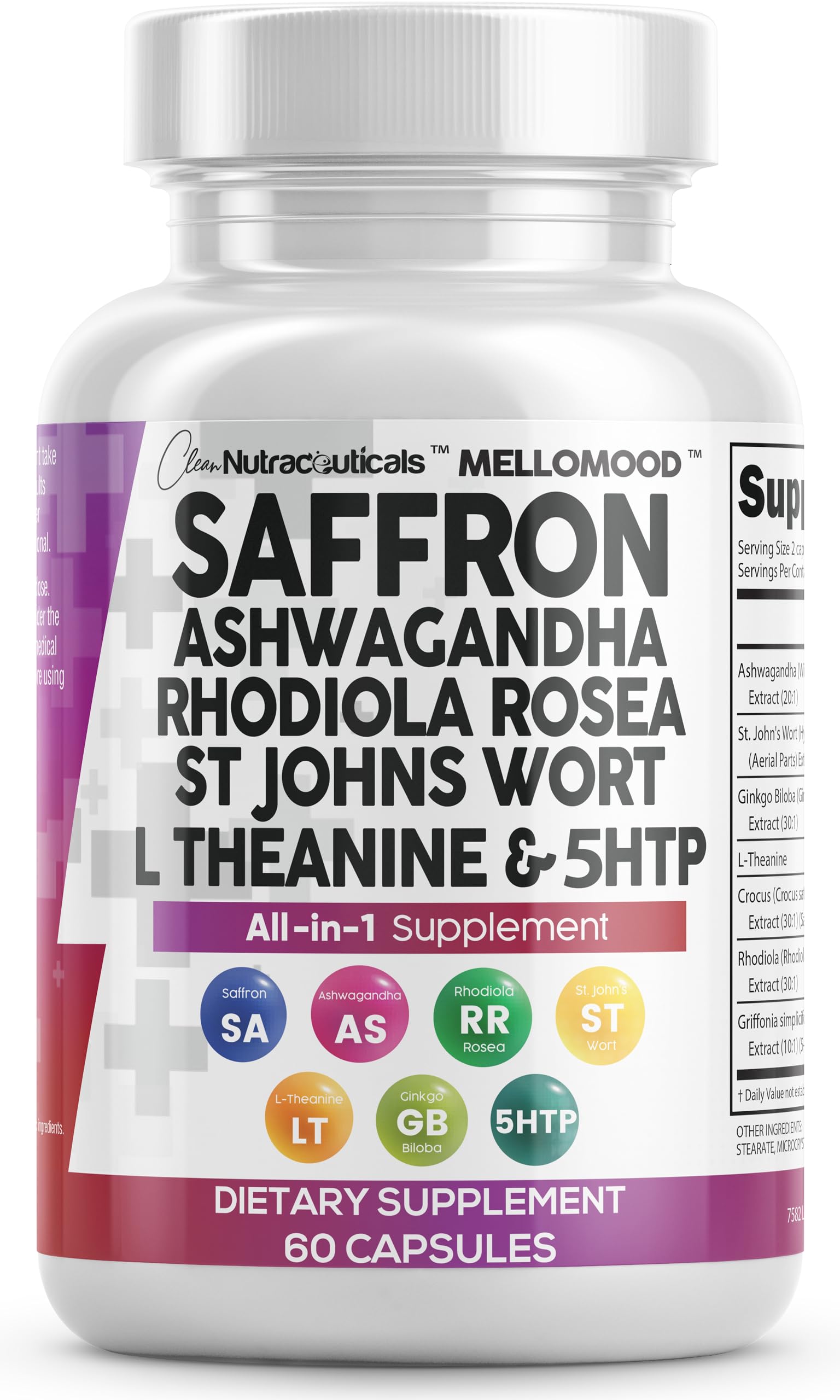 Clean Nutraceuticals Saffron Supplements Extract 100mg + Ashwagandha L-Theanine 200mg - Mood Support Ginkgo Biloba, St. John's Wort, Rhodiola Rosea & 5-HTP Capsules Pills Men Women Clean Nutraceuticals buy australia supplements