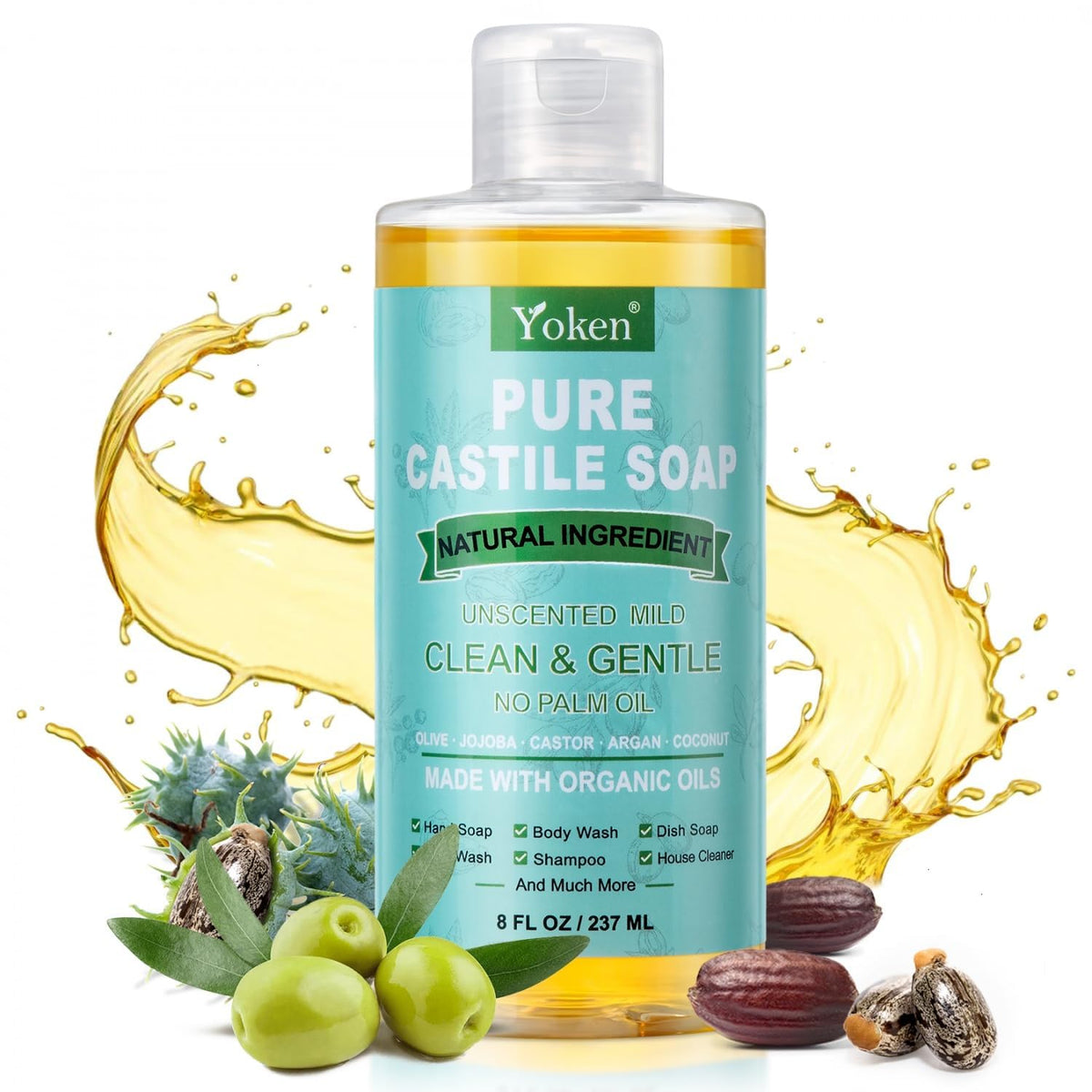 Yoken Pure Castile Liquid Soap 8 Oz Unscented with Organic Oil EWG Verified Yoken