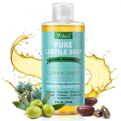 Yoken Pure Castile Liquid Soap 8 Oz Unscented with Organic Oil EWG Verified Yoken