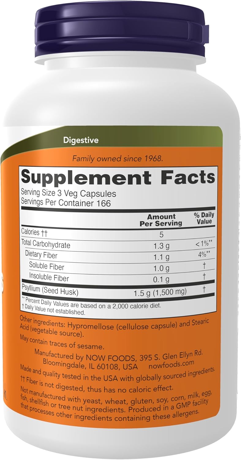 NOW Foods Supplements, Psyllium Husk Caps 500 mg, Non-GMO Project Verified, Natural Soluble Fiber, Intestinal Health*, 500 Veg Capsules Gsupps Australia