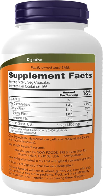 NOW Foods Supplements, Psyllium Husk Caps 500 mg, Non-GMO Project Verified, Natural Soluble Fiber, Intestinal Health*, 500 Veg Capsules Gsupps Australia